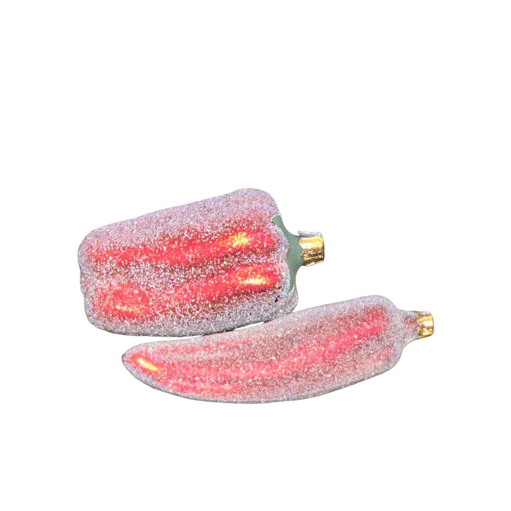 Pier 1 VTG Set of 2 Glittery Sugar Frosted Glass Red Pepper Christmas Ornaments‎